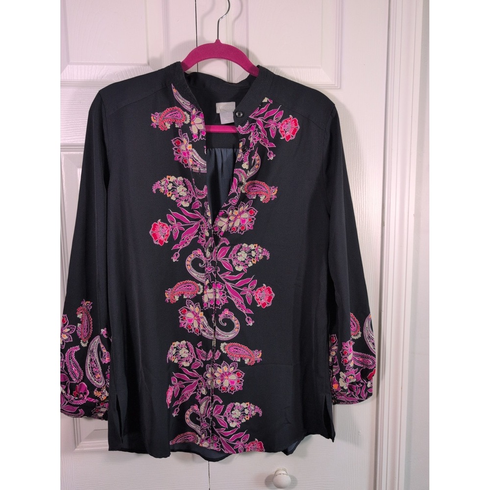 Chico's Floral Blouse Women Size 1 US Medium Black Pink Paisley Button Front